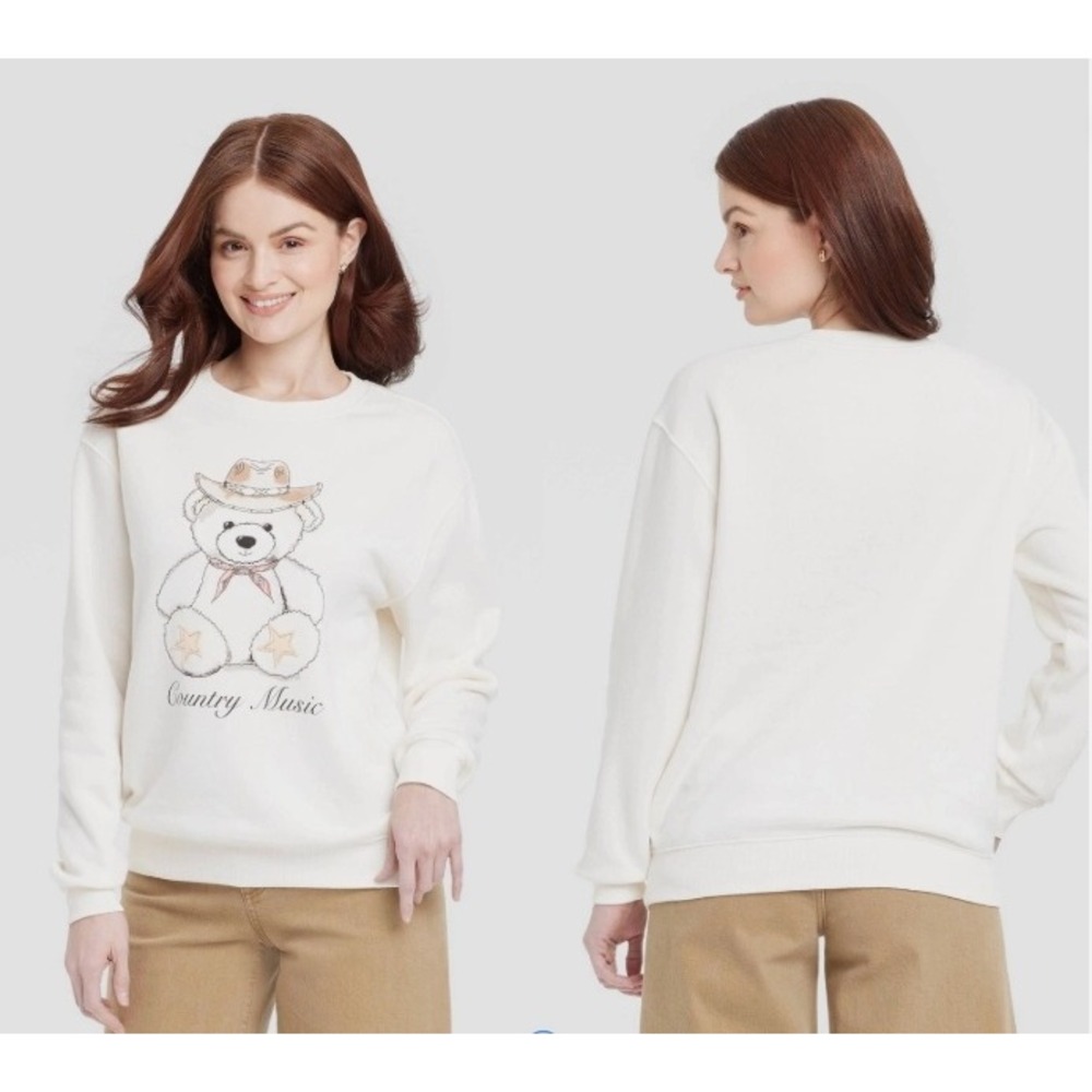 Zoe + Liv Womens Country Music Teddy Bear Graphic Sweatshirt Ivory Large NEW